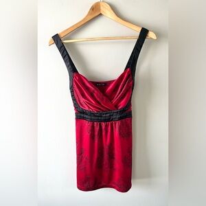 Le Chateau Y2K Red Satin Empire Waist Tank Top with Black Paisley Print Size L
